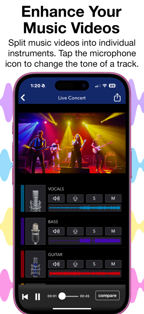 Interfaz de la aplicación Video Audio Splitter MSV Remix mostrando pistas de audio divididas para voces, bajo y guitarra de un video de concierto en vivo