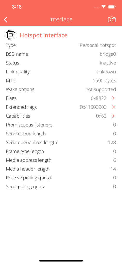 Detalles técnicos de la interfaz del hotspot, incluyendo nombre BSD, MTU y flags de red.