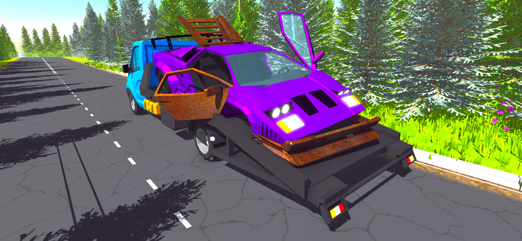 Garage Syndicate: Car Fix Sim - A blue flatbed tow truck carrying a purple custom sports car on a road through a forest