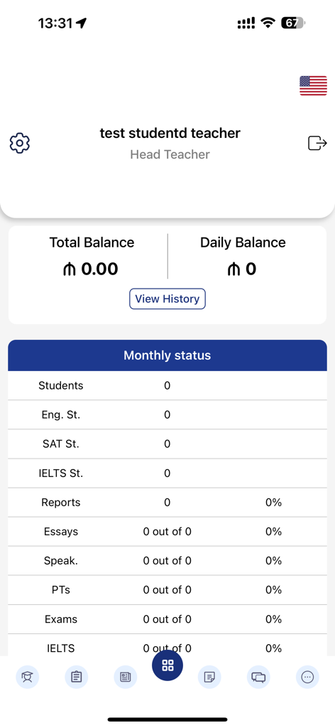 CELT VIP - Teacher dashboard in the CELT VIP app showing monthly student status and account balances