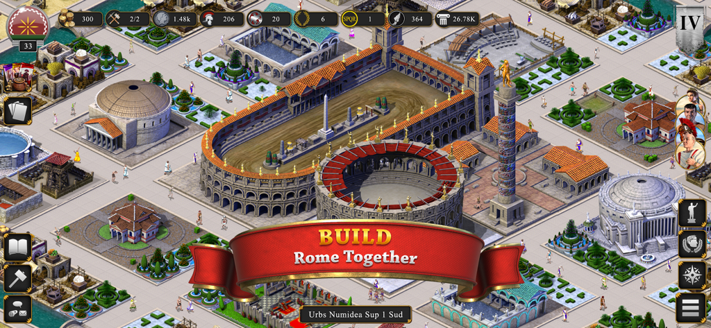 Romans: Age Of Caesar - Isometric view of a Roman city under construction in Romans Age of Caesar with a banner reading Build Rome Together