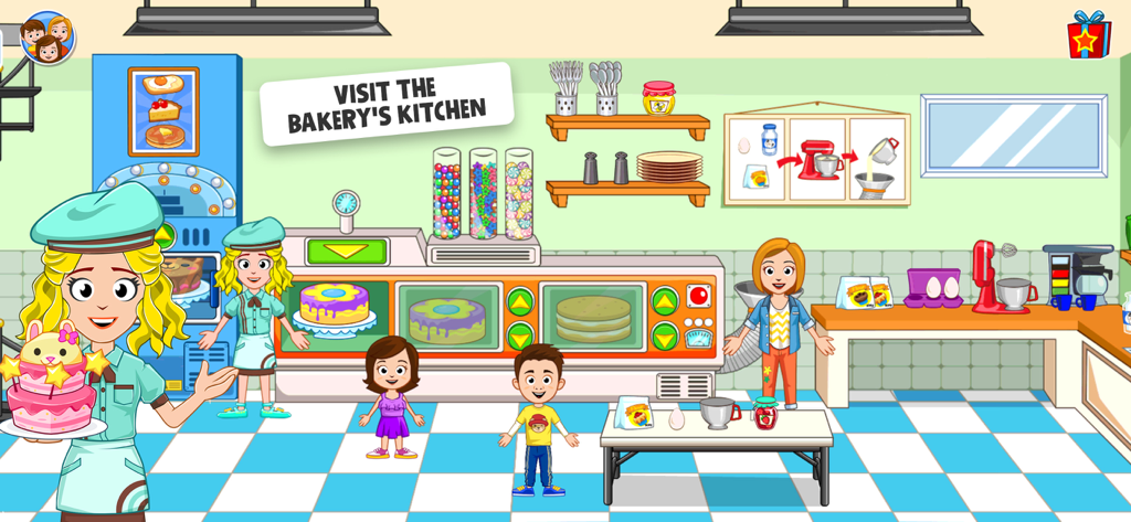 Animated characters interacting in a colorful bakery kitchen from the My Town Bakery game
