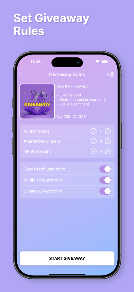 Rafflyアプリで、当選者数やメンション要件を含むプレゼント企画のルールを設定するためのインターフェース