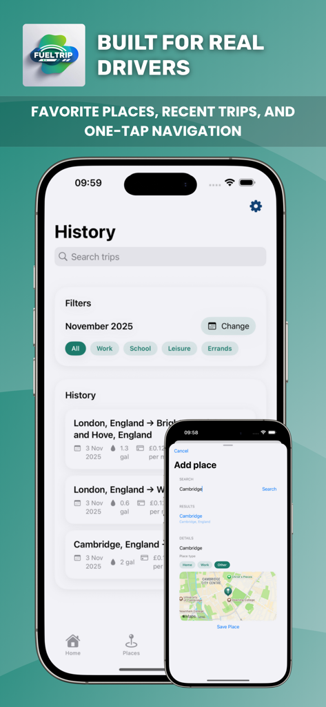 FuelTrip app interface showing trip history with fuel cost breakdowns and a search screen for adding favorite places on a map
