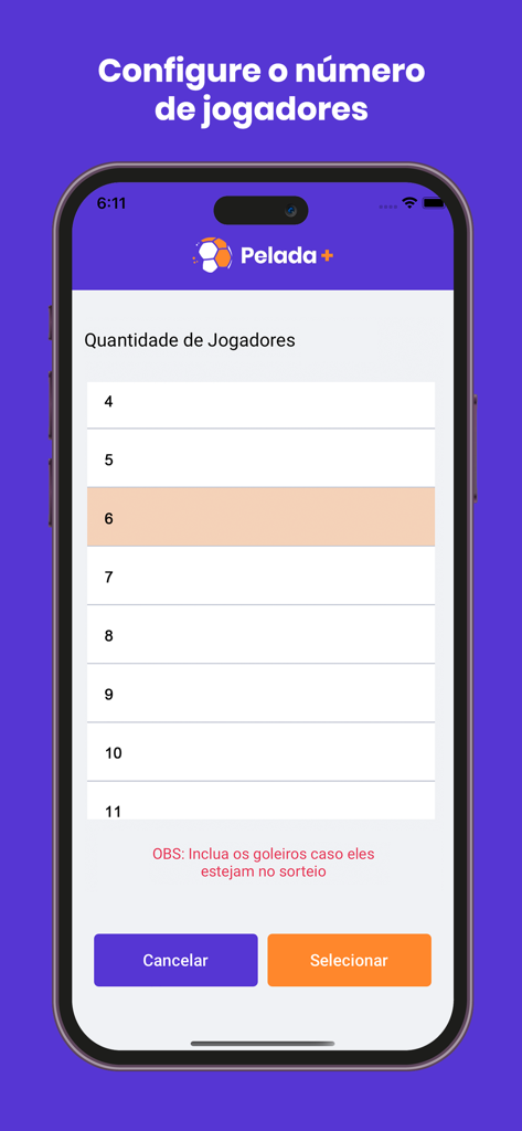 Pelada+ - Mobile App-Oberfläche von Pelada plus zur Auswahl der Anzahl der Fußballspieler für ein Spiel.