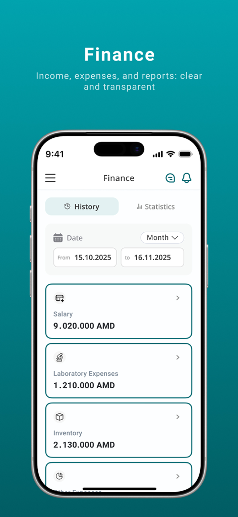 Dentax Soft - Dentax Soft mobile finance dashboard for dental practice management showing expense reports