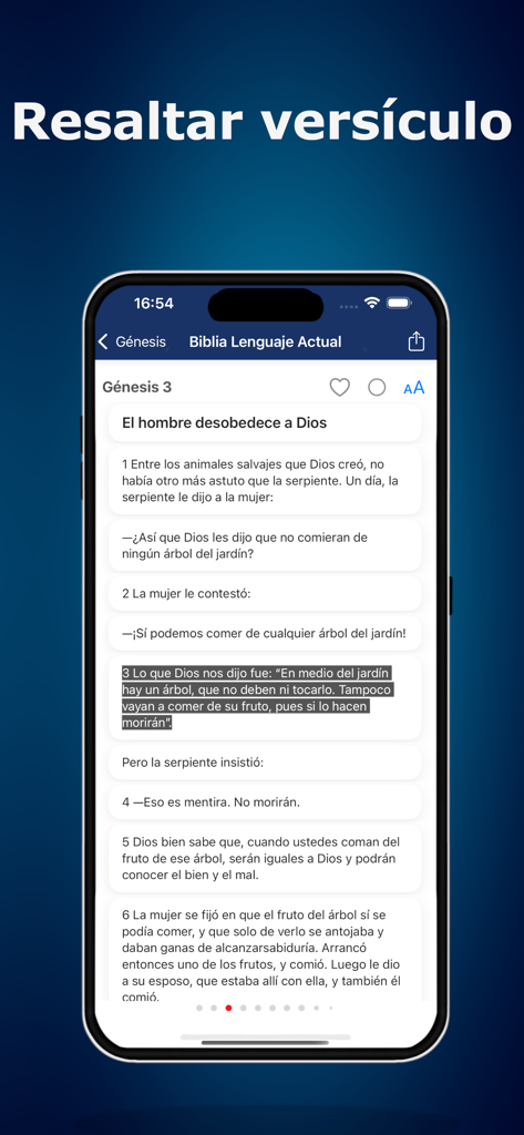 Biblia Lenguaje Actual app interface showing a highlighted Bible verse in Spanish