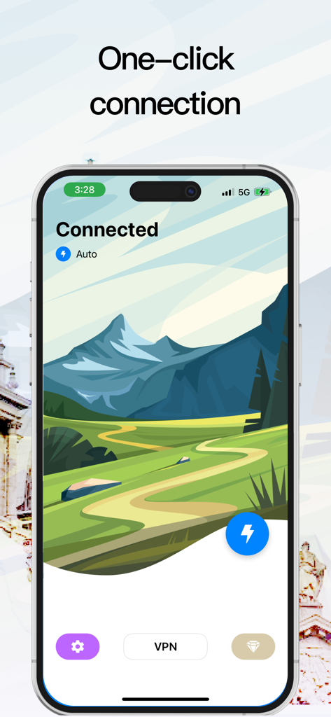 Interfaccia dell'app Super VPN Fly 2026 che mostra lo stato della connessione con un clic e uno sfondo paesaggistico suggestivo.
