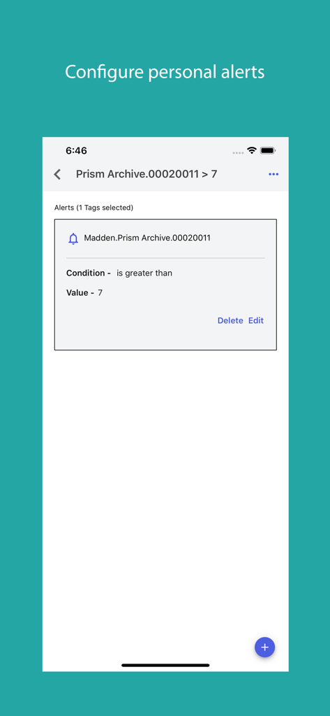 AVEVA Insight - Schermata dell'app mobile AVEVA Insight che mostra la configurazione per avvisi industriali personalizzati
