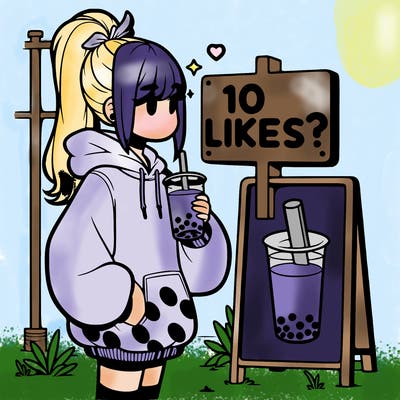 girl with oversized hoodie drinking boba and she has a high ponytail with a sign that says 10likes?
