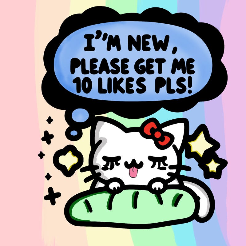 kitty taking a nap dream talking and saying "i'm new, please get me at least 10 likes pls!!"