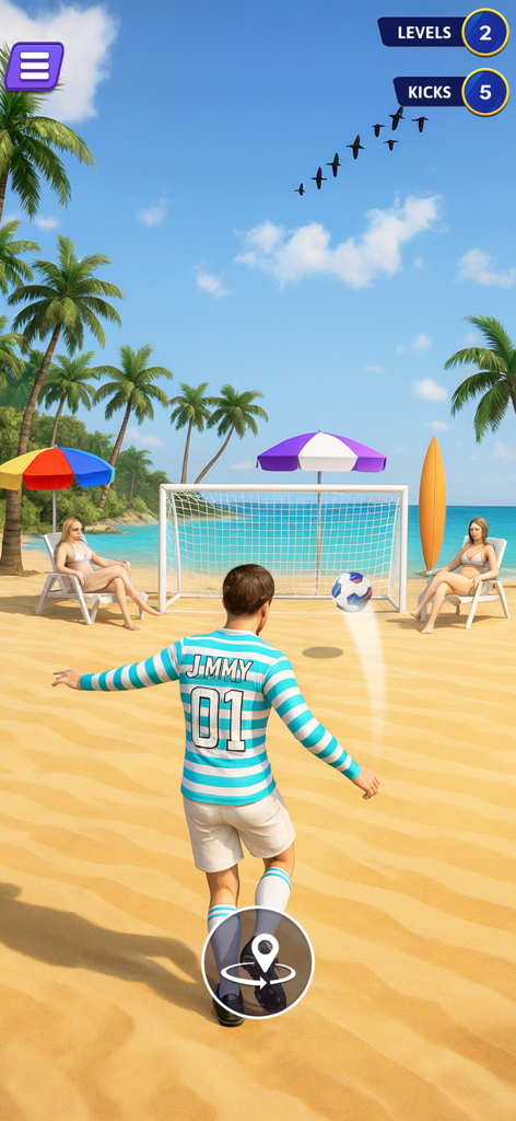 World Soccer Rematch League - 월드 사커 리매치 리그에서 화창한 열대 해변에서 골대를 향해 슛을 날리는 축구 선수