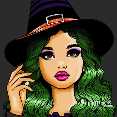 realistic girl with wavy hair and lips holding a witch hat