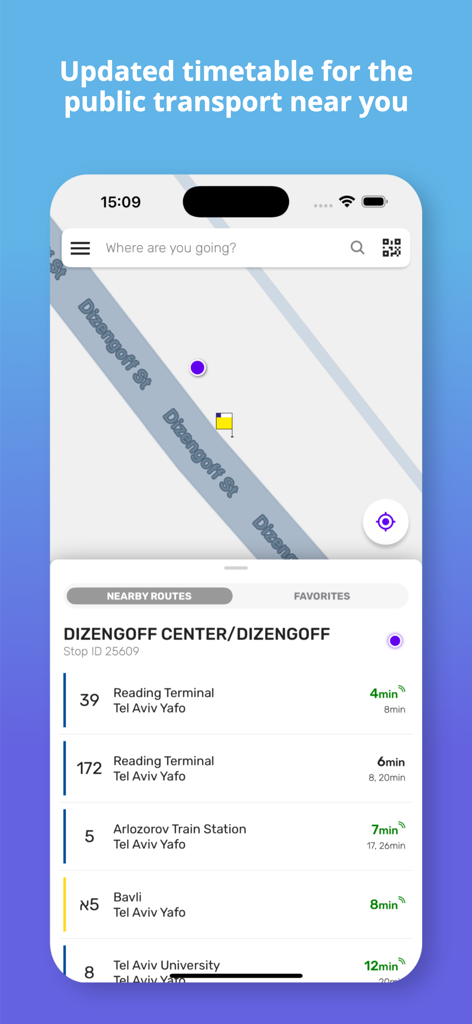 אוטובוס קרוב - Bus Nearby - Bus Nearby mobile app displaying real-time bus arrival times and a map for public transportation in Israel