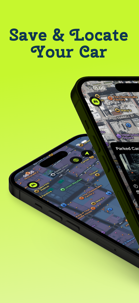 Parked Here - Find My Car - Dos pantallas de smartphone mostrando la aplicación Parked Here con pines de ubicación de coches en mapas urbanos