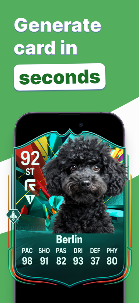 FUT Card Create 25 - Smartphone displaying a custom football player card featuring a black dog and high player stats