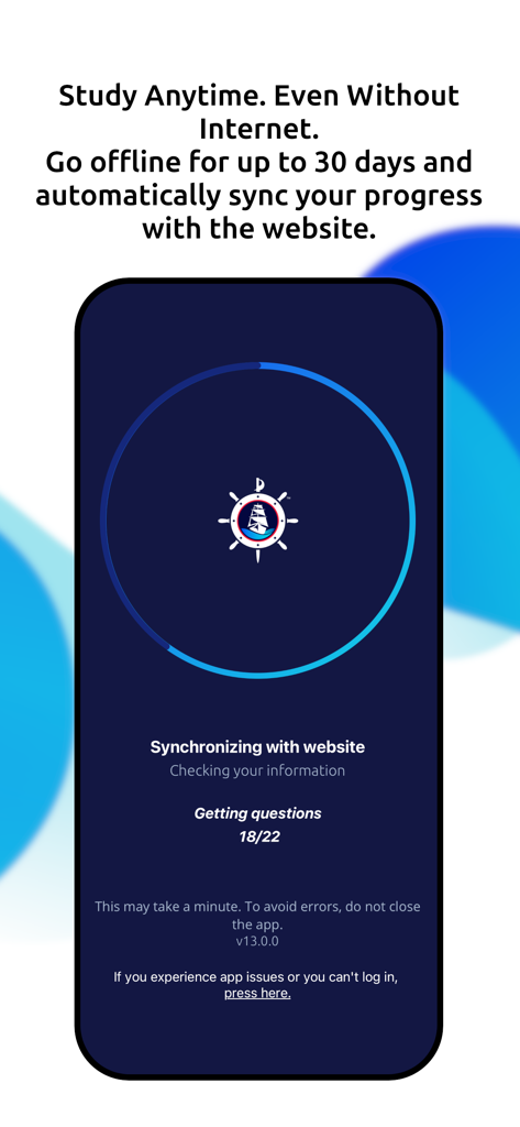 Bluejacketeer - Bluejacketeer app screen showing the offline study mode and progress synchronization feature for Navy personnel