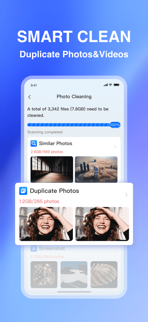 AI Cleaner-Clean Storage Space - AI Cleaner app interface showing a smart scan of duplicate and similar photos to free up iPhone storage space