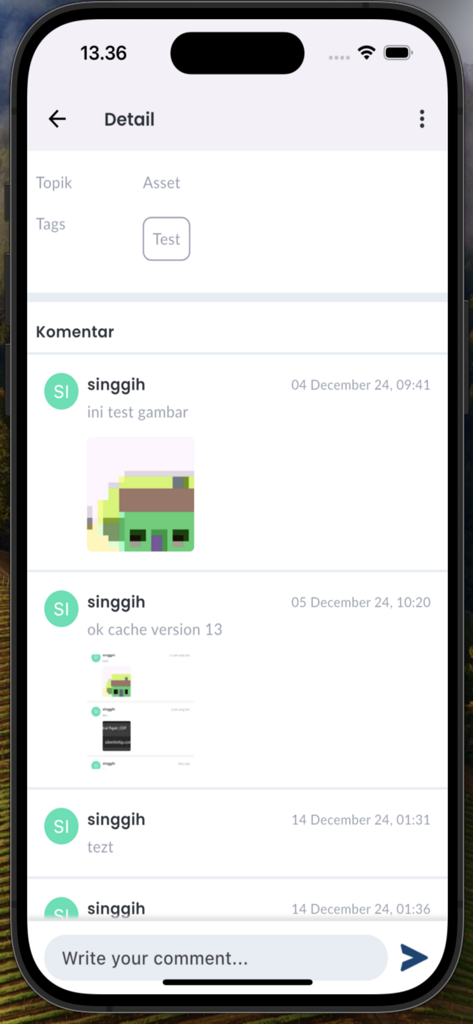 Detaillierter Berichts-Bildschirm der Silent Intip App mit einem Kommentarbereich mit Benutzernachrichten und Bildern