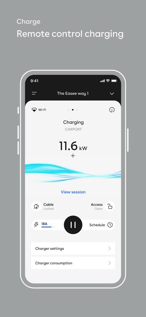 Die Benutzeroberfläche der Easee-App auf einem Smartphone, die den Fernsteuerungs-Ladestatus für ein Elektrofahrzeug anzeigt.