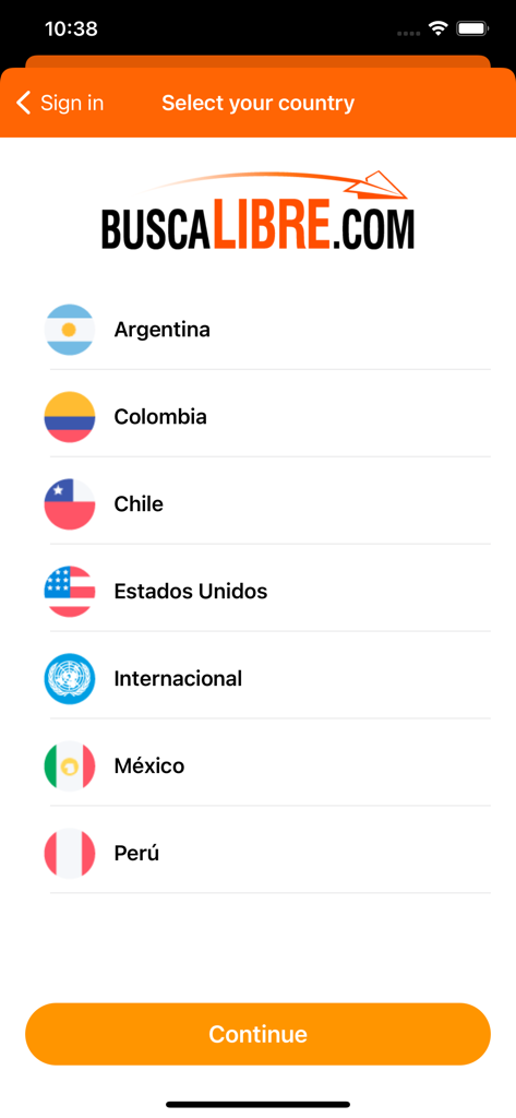 BuscaLibre - Country selection interface on the BuscaLibre app featuring flags of Argentina, Colombia, Chile, Estados Unidos, México, and Perú