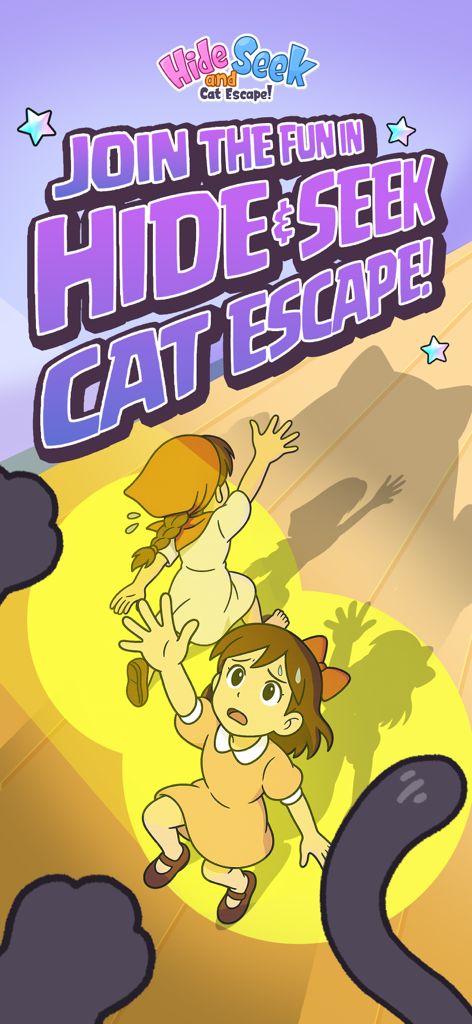 かくれんぼ：キャットエスケープ！ゲームで、巨大な猫から隠れている2人のアニメ風の女の子