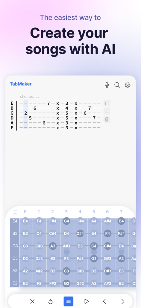 TabMaker app interface showing the guitar tab editor and virtual fretboard for song creation with AI