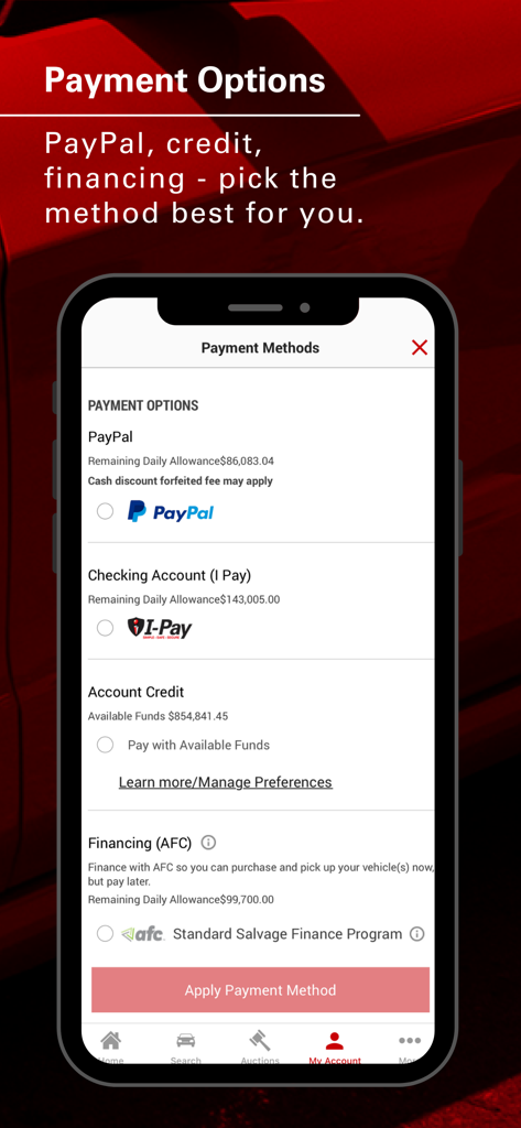 Aplicativo IAA Buyer mostrando opções de pagamento, incluindo PayPal e financiamento para leilões de automóveis.