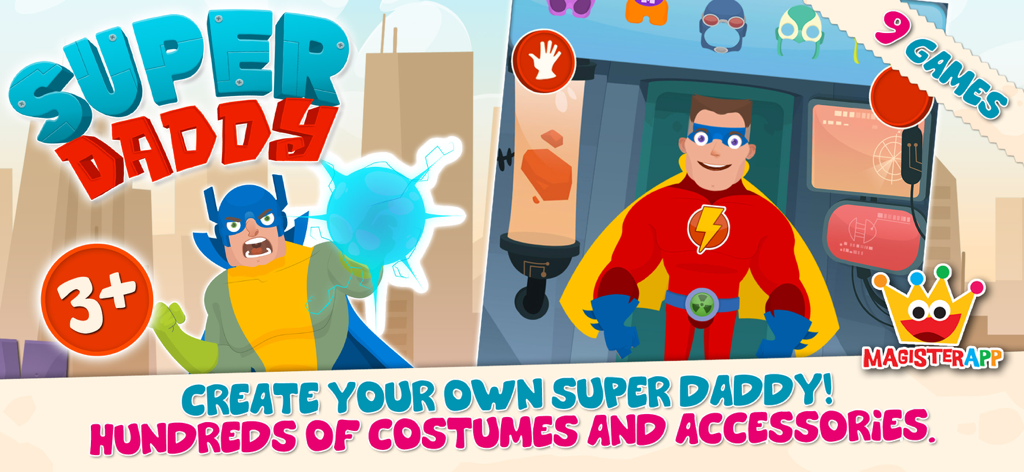 Super Daddy - Dress Up a Hero - A preview of the Super Daddy app showing superhero character customization and costume options for kids