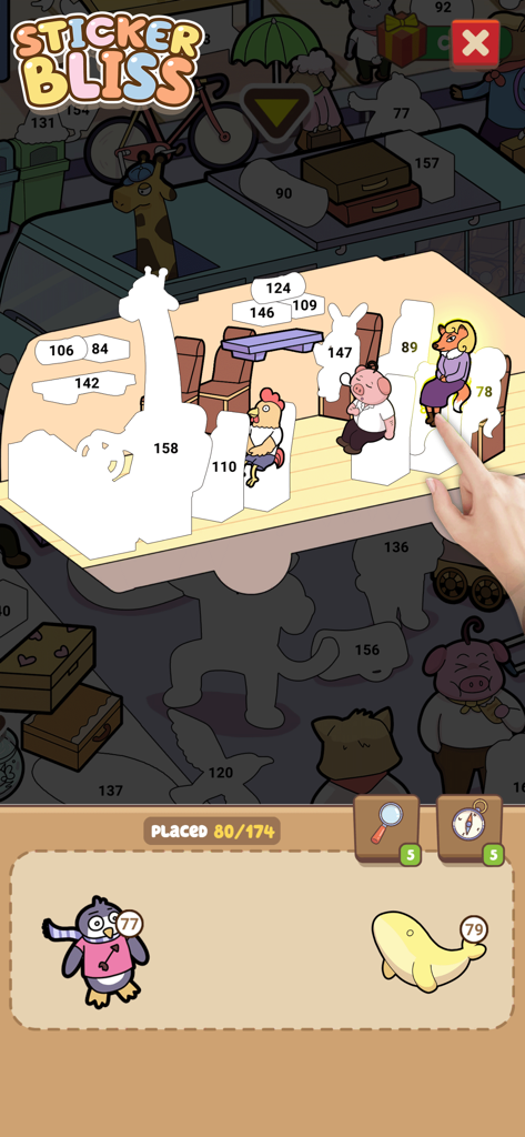 A hand placing cute animal stickers into a numbered bus scene in Sticker Bliss Color Book