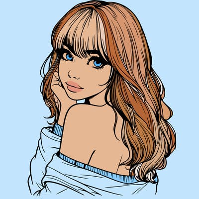 realistic girl with bangs looking over her shoulder
