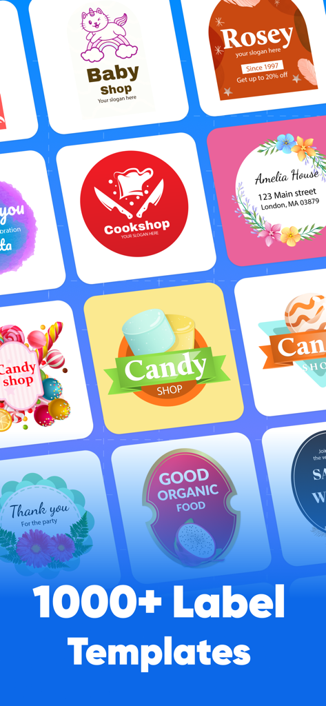 Une variété de modèles d'étiquettes créatifs et professionnels pour les entreprises et l'organisation domestique, y compris des étiquettes alimentaires et des logos d'entreprise.