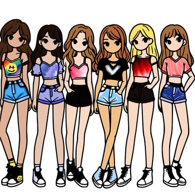 a group of girls wearing crop tops and shorts