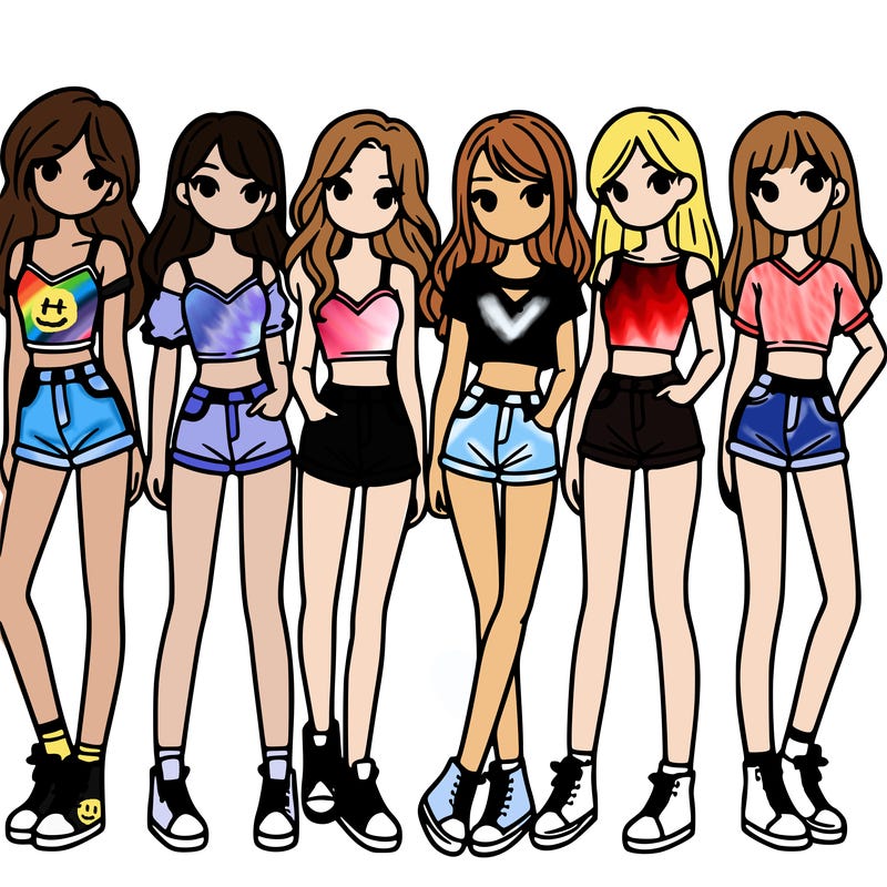 a group of girls wearing crop tops and shorts