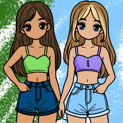 two sisters with crop tops and jean shorts and straight hair