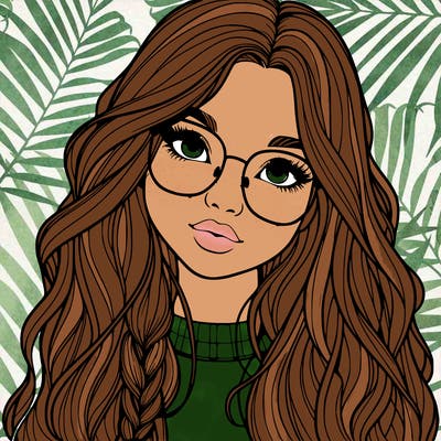 girl with long hair and freckles and glasses realistic