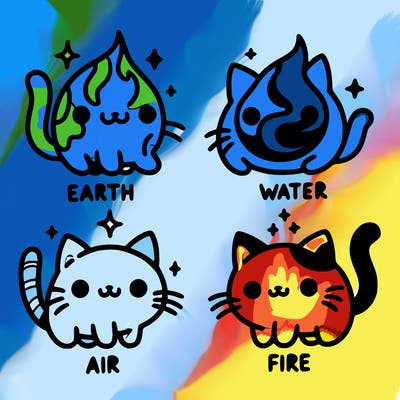 4 cats that represent the different elements, earth, water, air, and fire