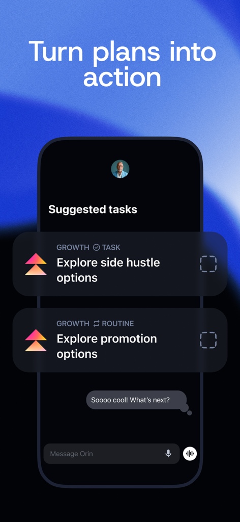 Aligned: AI Coaching & Therapy - Interfaccia dell'app Aligned che mostra attività suggerite per la crescita professionale e un'interazione di chat AI per trasformare i piani in azione