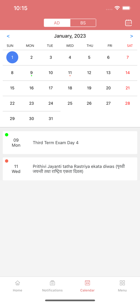 Veda - Students App - The calendar screen of the Veda Students App showing exam dates and school holidays for January 2023.