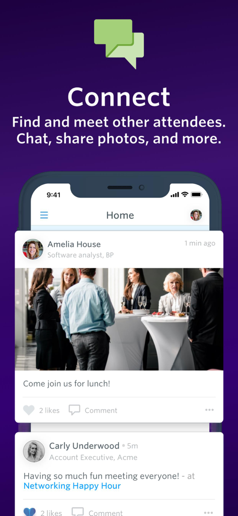 Guidebook app interface showing the connect feature with an interactive social feed for event attendees
