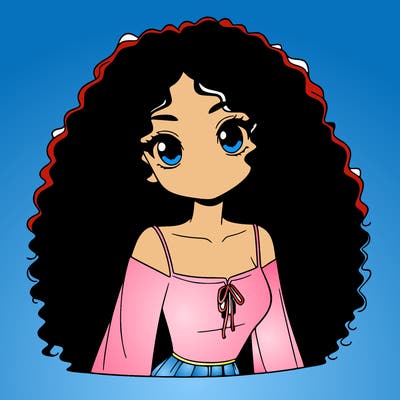 a black anime girl with long afro hair
