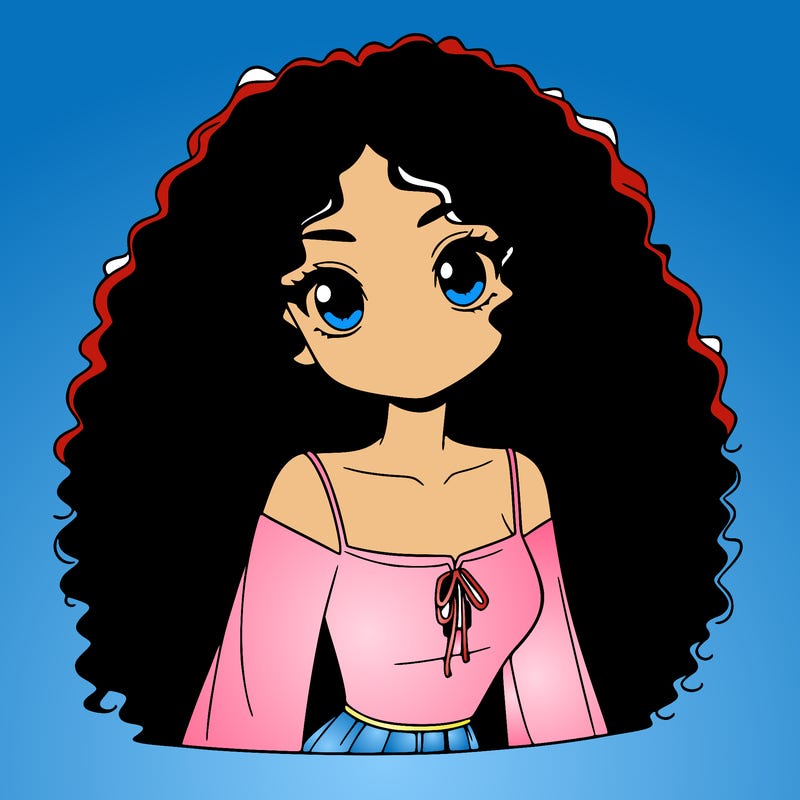 a black anime girl with long afro hair