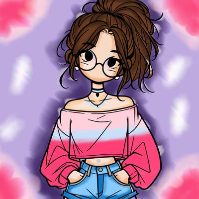 girl with a messy ponytail glasses a baggy crop top and jean shorts