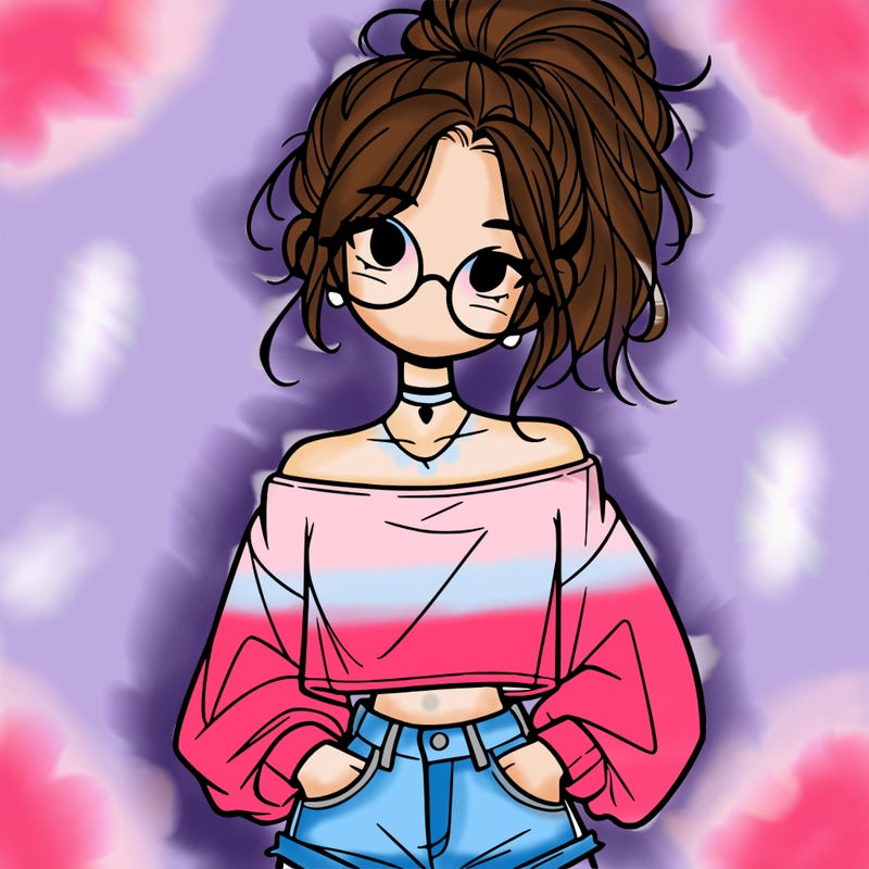 girl with a messy ponytail glasses a baggy crop top and jean shorts