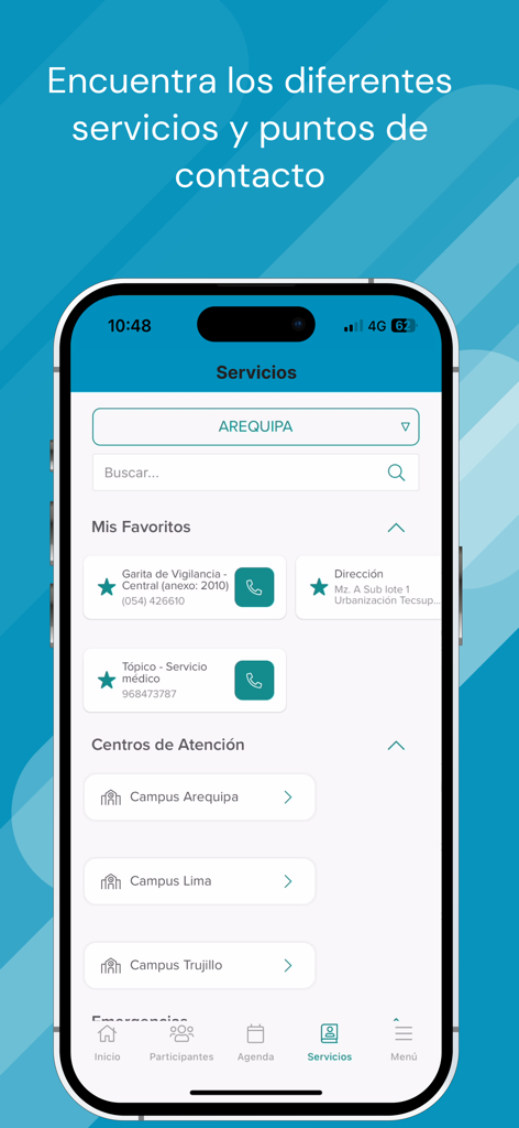 Te Quiero en la U - Interfaz de la aplicación móvil que muestra los servicios universitarios y puntos de contacto del campus en español