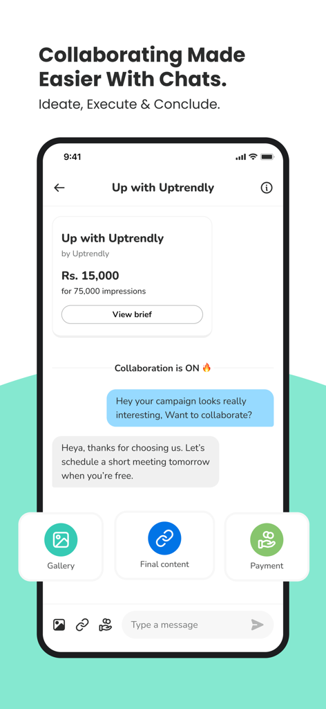 Uptrendly app chat screen for direct collaboration between brands and creators