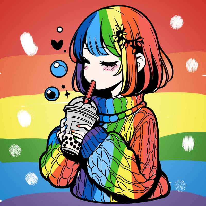 manga girl drinking boba in cozy sweater