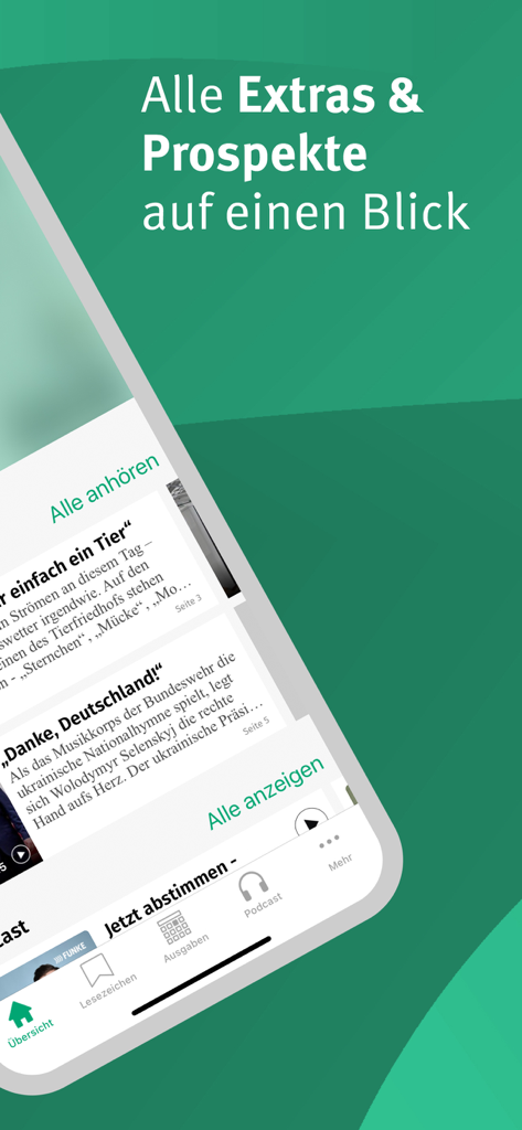 Benutzeroberfläche der IKZ E-Paper-App, die deutsche Nachrichtenartikel und digitale Extras zeigt.