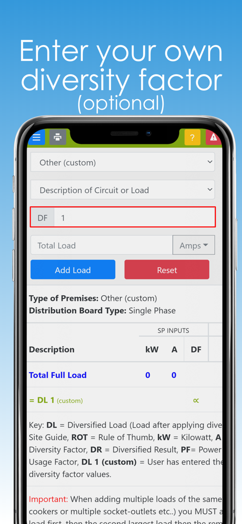 Custom diversity factor input screen in the Diversity Calculator app for electricians.