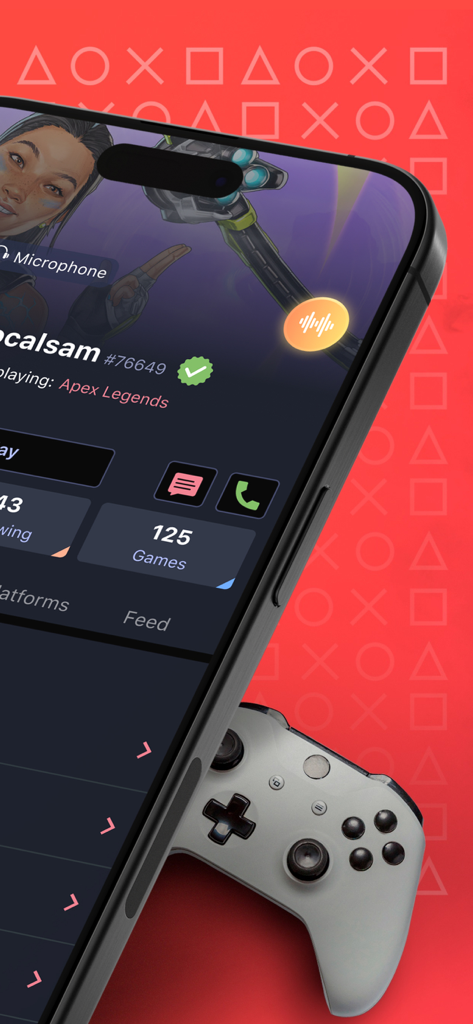 PLINK – Team Up, Chat, Play - A smartphone screen displaying a gamer profile on the Plink app next to a white gaming controller